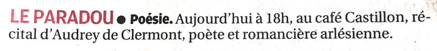Poésie - Récital d'Audrey de Clairmont au Castillon - Le Paradou